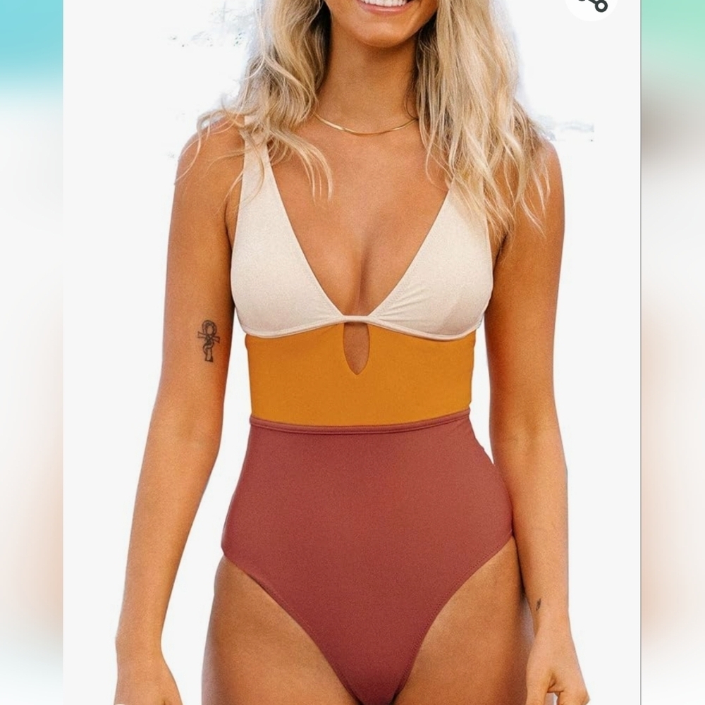 One Piece Swimsuit Color Block Keyhole Cutout Sz S colorblock‎